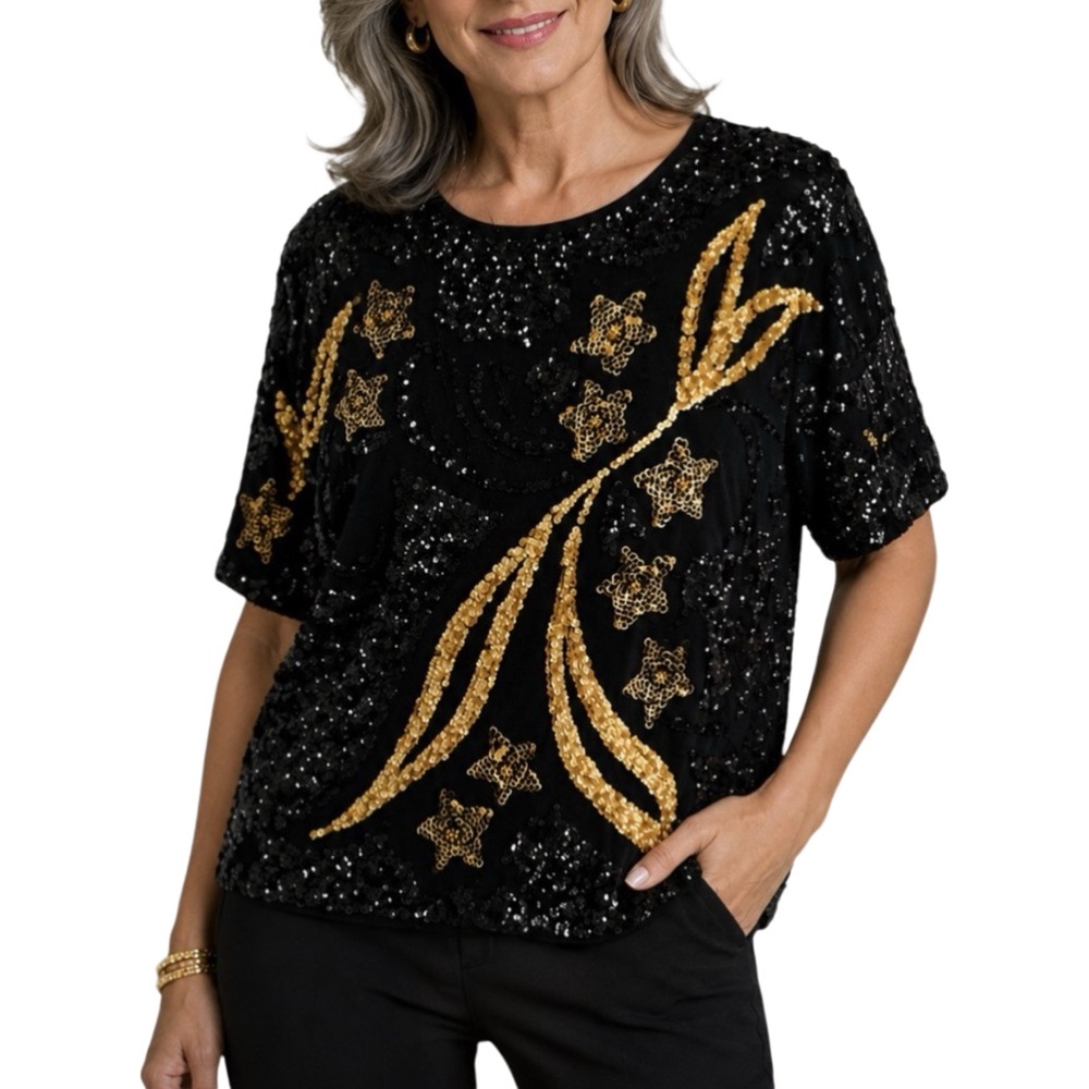 Vintage 80’s Silverleaf Black Gold Sequine and beaded Short Sleeve Top Medium